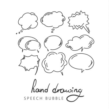 Elle çizilmiş kümesi ve sürekli konuşma balonları mesaj ve iletişim sözler için. Doodle tarzı çizgi roman balon, bulut, kalp şekli tasarım öğeleri. İzole vektör.