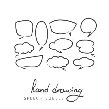 Elle çizilmiş kümesi ve sürekli konuşma balonları mesaj ve iletişim sözler için. Doodle tarzı çizgi roman balon, bulut, kalp şekli tasarım öğeleri. İzole vektör.