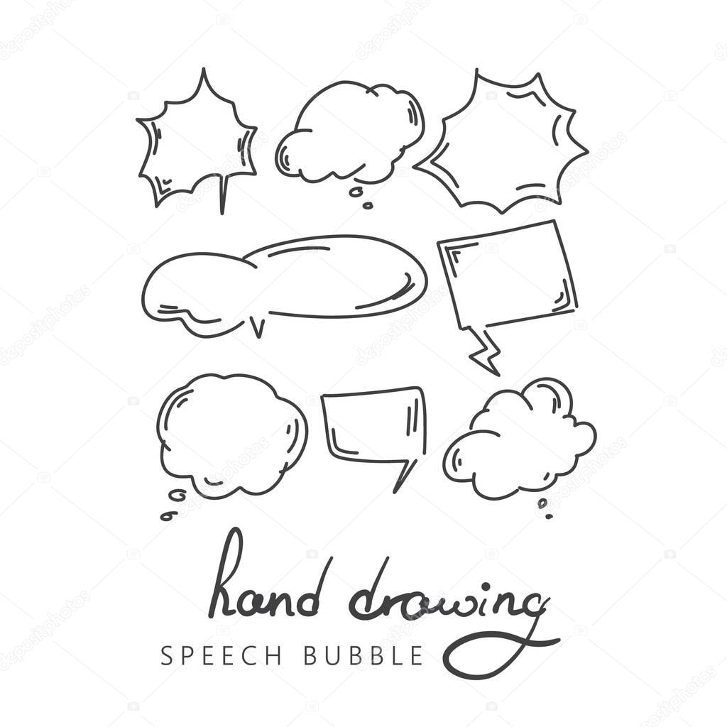 Set of hand drawn think and talk speech bubbles for message and dialog words. Doodle style comic balloon, cloud, heart shape design elements. Isolated vector.