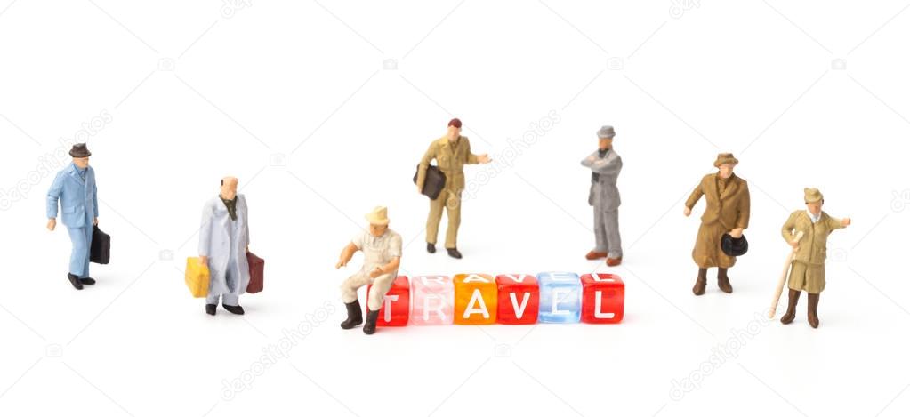 Miniature people. Tourism and travel concept with letter 