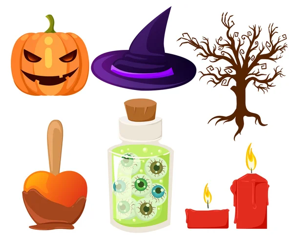 Vector instellen iconen voor Halloween pompoen, ghost, snoep, heksen ketel en andere traditionele elementen van Halloween. — Stockvector