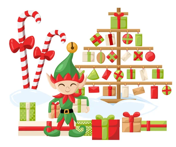 Elfo Papai Noel elfos do Papai Noel se preparando para o Natal. Feliz Natal Doce presentes ano novo — Vetor de Stock