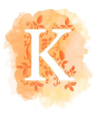 Sulu Boya zemin üzerine suluboya mektup hat. Doğal elemanları yaprakları bukleler öğenin web poster tipografi K için Tasarla