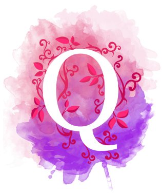 Sulu Boya zemin üzerine suluboya mektup hat. Web poster tipografi Q için bir unsur doğal elemanları yaprakları bukleler Tasarla