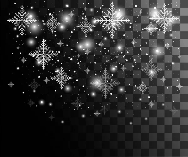 Nieve cayendo sobre un fondo transparente Temporada fondo decorativo. Fiestas de Año Nuevo vector ilustración luces borrosas Feliz Navidad y Feliz Año Nuevo Tarjeta Decoraciones de Navidad — Archivo Imágenes Vectoriales