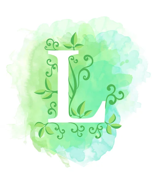 수채화 배경 수채화 편지 서 예입니다. 자연 요소 잎 컬 디자인 웹 포스터 typographics L에 대 한 요소 — 스톡 벡터