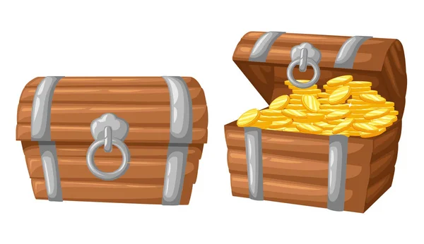 Vektorillustration. Goldmünzenschatz auf dunklem Hintergrund Holztruhe Set für Spielschnittstelle Geldmünze — Stockvektor