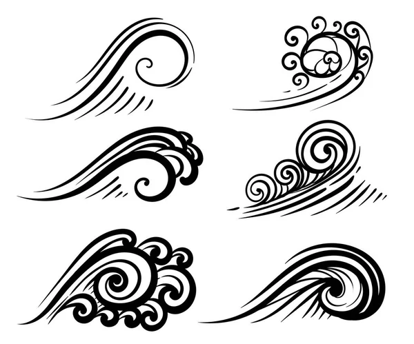 Colección de olas Océano o mar olas, surf y salpicaduras conjunto rizado Agua Diseño Elementos vector ilustración aislado en blanco — Vector de stock