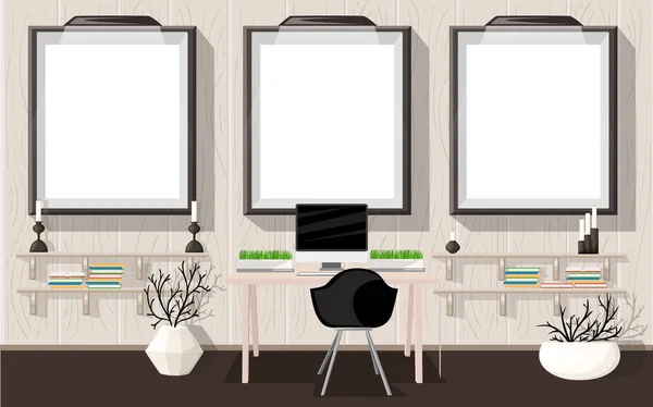 Simular Oficina Moderna Interior Diseño Plano Vector Ilustración concepto de lugar de trabajo Concepto de lugar de trabajo. Oficina en casa moderna . — Vector de stock