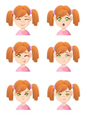 Sevimli çizgi kız gösteren farklı duygular kız duygu emoji simgesini iç düz tasarım stil vektör çizim için ayarla yüzler