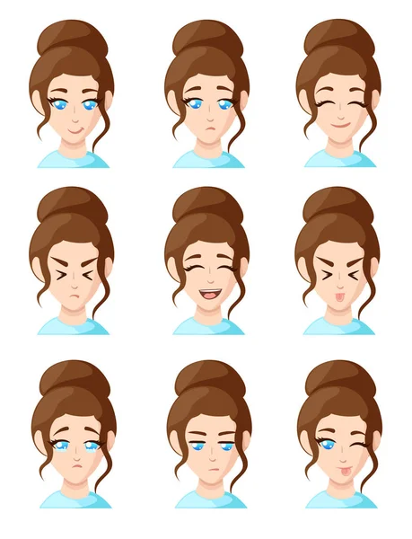 Bella donna dei cartoni animati volti che mostrano diverse emozioni donna emozione emoji icona set per interni Design piatto stile vettoriale illustrazione — Vettoriale Stock