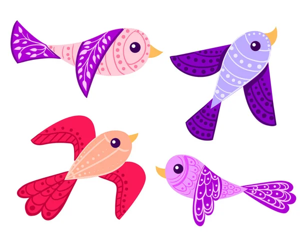 Grafikus madár lila piros, rózsaszín mintával, és a levelek többszínű aranyos madarak vektor. Rajzfilm sor — Stock Vector