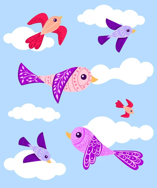 Grafisk fågel violett röd rosa med mönster och att bladen flerfärgade söta fåglar i vector. Cartoon set — Stock vektor