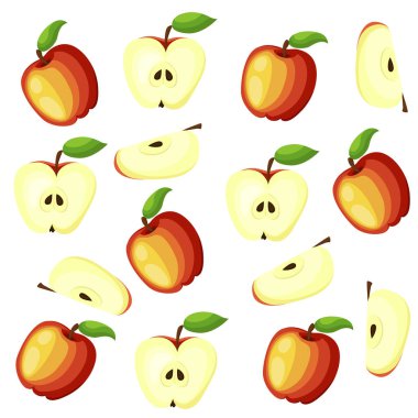 Kırmızı elma yeşil yaprakları ve elma dilim vektör çizim ile. Düz vektör desen arka plan