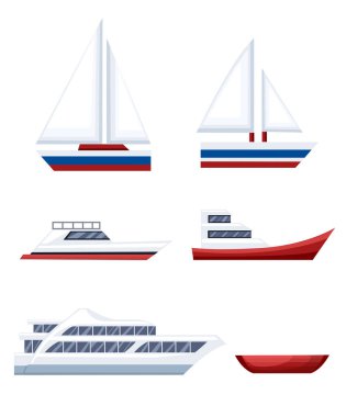Farklı tür bir tekne Illustration. Küçük teknelerin ayarla ve şamandıralar mavi deniz ile arka plan ve beyaz izole. Boyut yan görünüm.