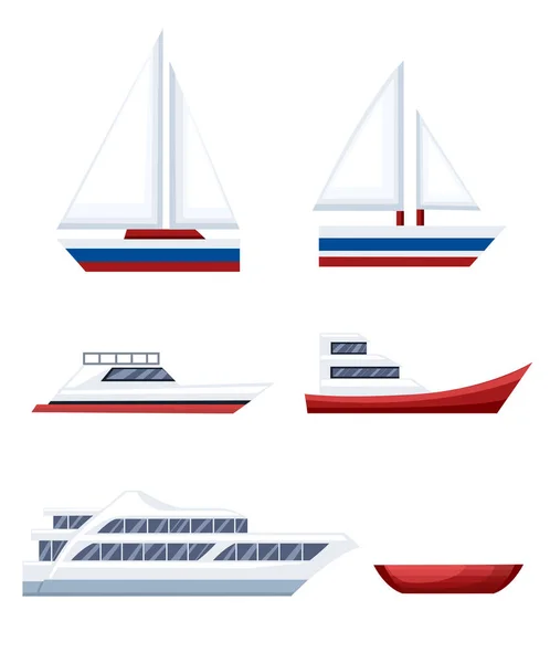 Illustrazione di diversi tipi di barche. Set di piccole barche e boe con fondo blu mare e isolato su bianco. Illustrazione vista laterale . — Vettoriale Stock