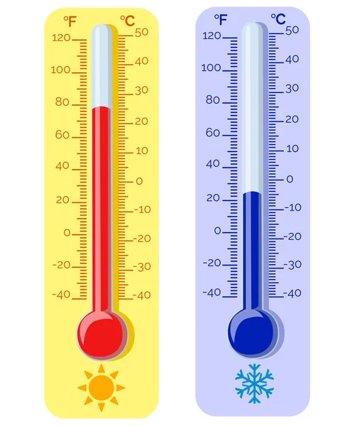Equipo del termómetro que muestra el tiempo caliente o frío. Termómetros de meteorología de Celsius y fahrenheit que miden calor y frío, ilustración del vector . — Vector de stock