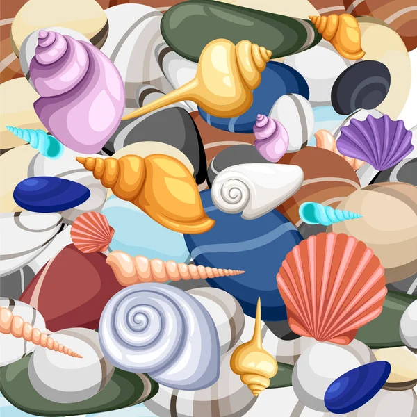 Cadre en pierres de coquillages de mer, illustration vectorielle.Concept estival avec coquillages et étoiles de mer. Composition ronde, étoile de mer, nature aquatique. Illustration vectorielle — Image vectorielle