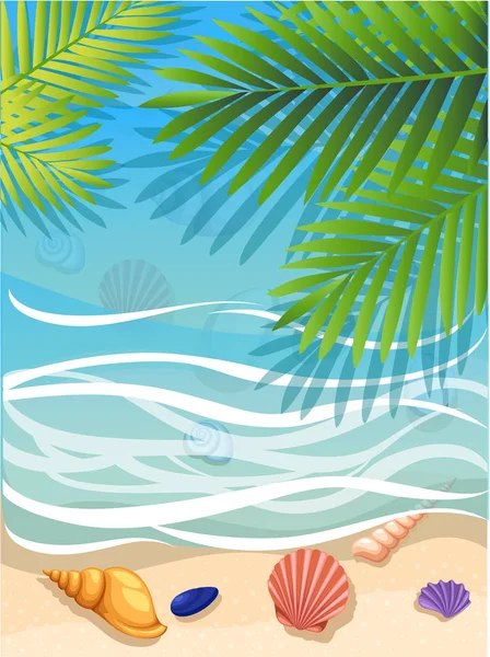 Vector a banner with an landscape beach. Top view of the island paradise.The tropical beach on the seashore for rest palm tree leaves tropics . Maritime hotel.beach towel. — Stock Vector