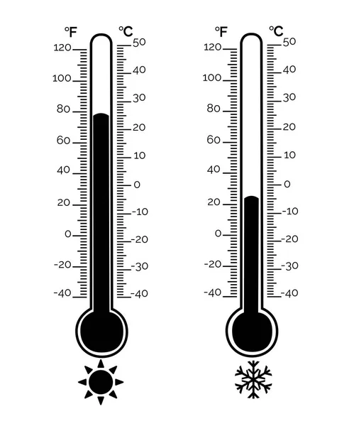 Equipo del termómetro que muestra el tiempo caliente o frío. Termómetros de meteorología de Celsius y fahrenheit que miden calor y frío, ilustración del vector — Archivo Imágenes Vectoriales