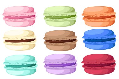 Vektör çizim arka plan üzerinde renkli lezzetli Fransız macaron izole.