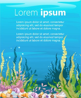 Deniz vektör arka deniz hayat manzara - sualtı dünyasını farklı nüfuslu ve okyanus altında. Baskı için videolar veya web grafik tasarım, kullanıcı arabirimi, kart, poster oluşturmak.