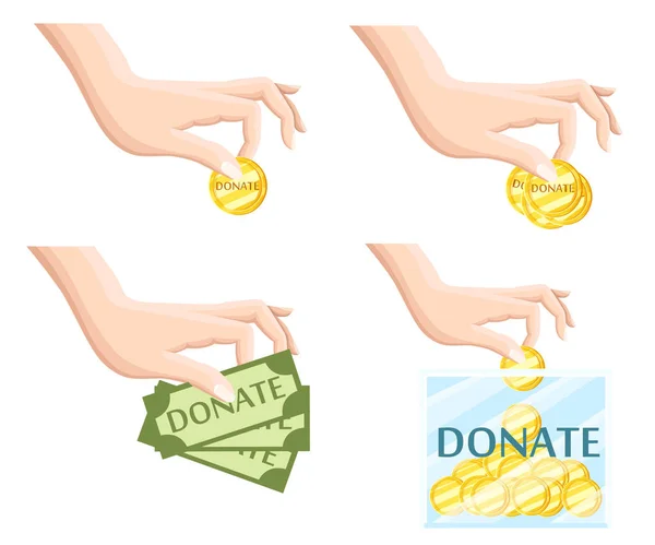 Donar ayuda símbolos organización benéfica iconos planos conjunto de alimentos y donación mano abstracta aislado vector ilustración — Vector de stock