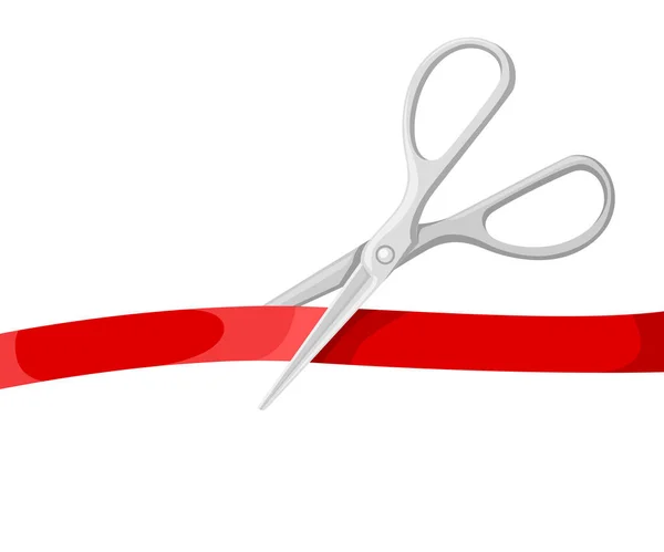 Grand Opening Promis Illustration mit silberner Schere und rotem Band auf weißem Hintergrund. — Stockvektor