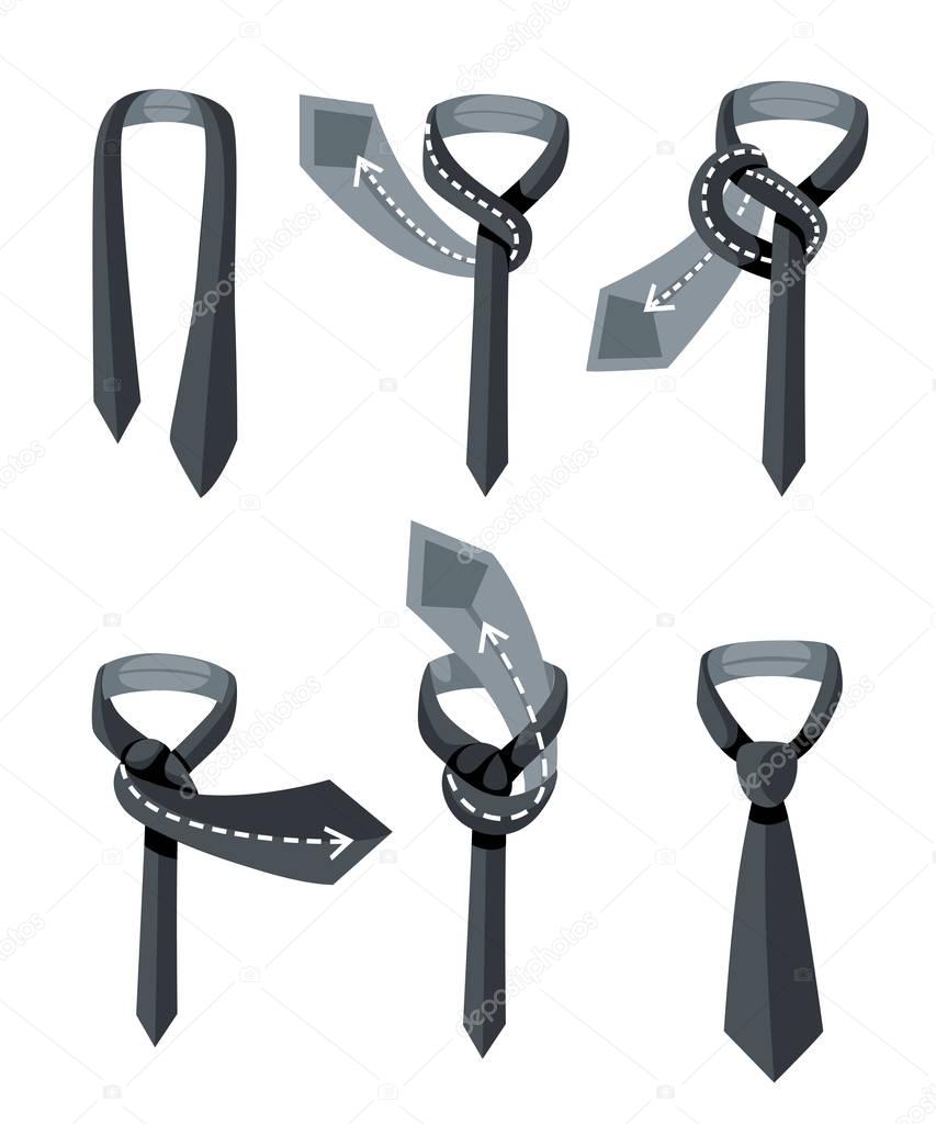 How to tie a tie on the turquoise background of the steps. Vector Illustration. Instructions.