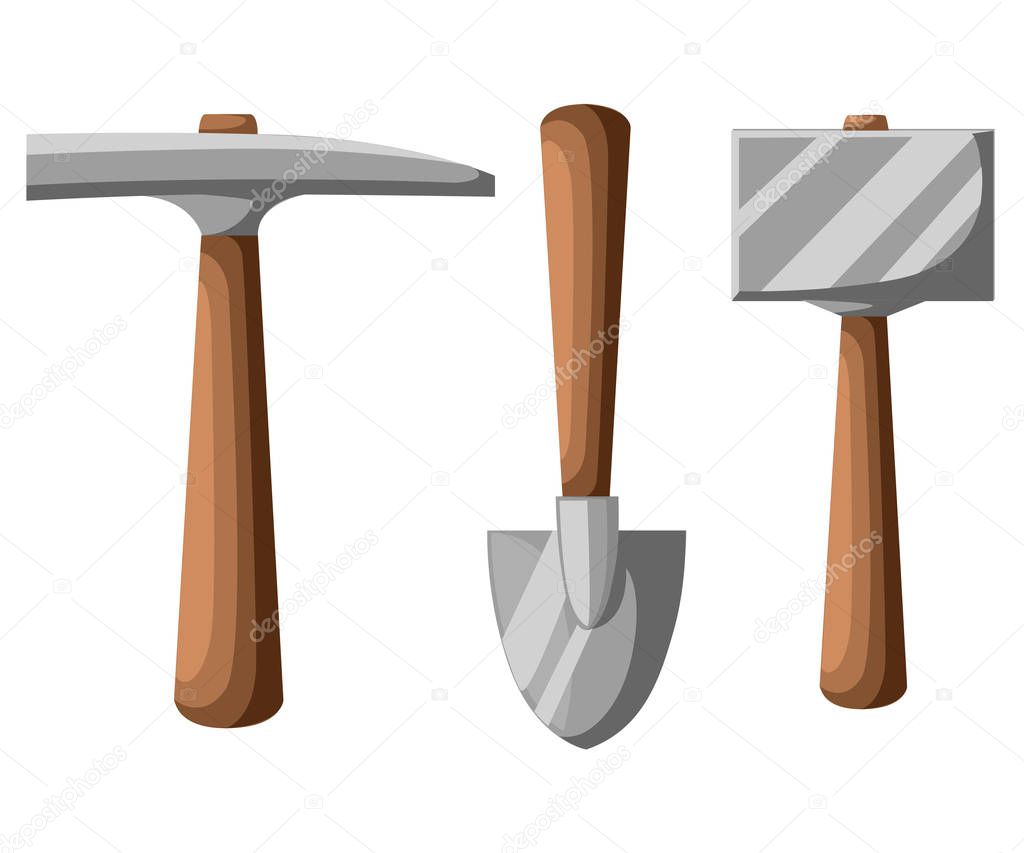 Pick shovel Mining tools, shovel and pickaxe vector illustration isolated on white