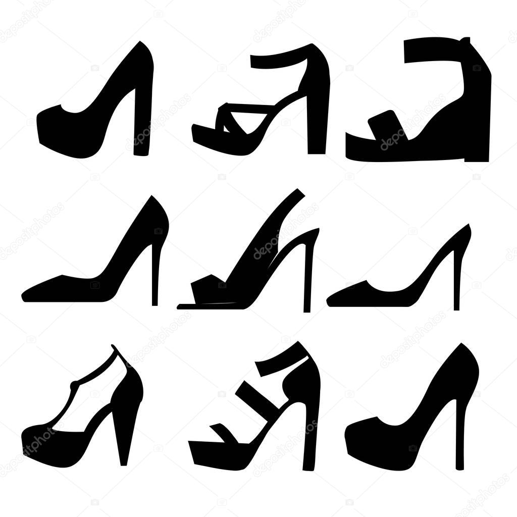 Set with different types of women's shoes silhouette. Collection of autumn, winter and spring women woman shoes