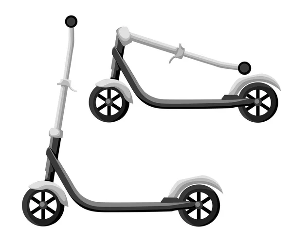 Juego de patinete scooter. Bicicletas de equilibrio. Diferentes scooters eco alternativa de transporte urbano. Bicicleta de diseño plano y ruedas rodantes. Vector patada colección de scooter. Conjunto de ciclo de empuje aislado en blanco . — Vector de stock