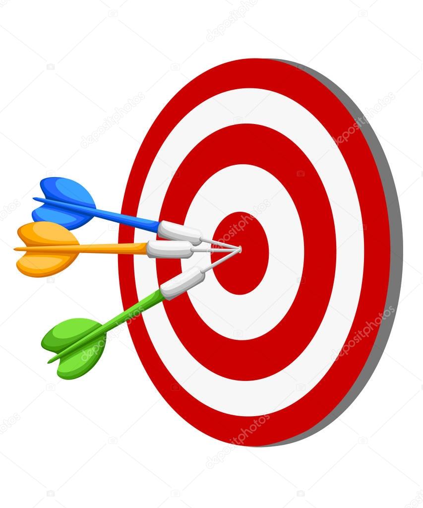 Target Dart arrow hitting center target on white background, flat vector illustration Web site page and mobile app design vector element.