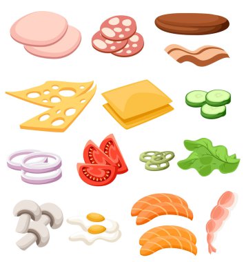 Burger ayarlayın. Malzemeler: buns, peynir, pastırma, domates, soğan, marul, salatalık, turşu soğan, şikayet, jambon. Vektör çizim. Topingler sandviç Web sitesi sayfası ve mobil uygulaması tasarım vektör öğesi.
