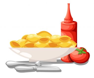Macaroni set vector pasta collection italian food Tomato sauce, ketchup in jar with vegetable. Vector illustration for restaurant menu. Web site page and mobile app design vector element. clipart