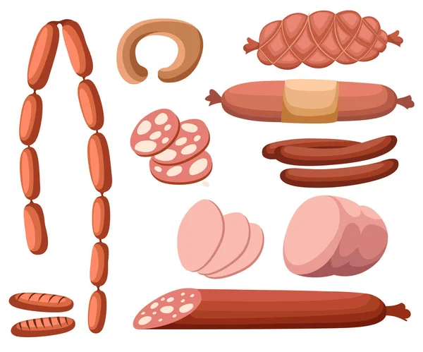 Meat and sausages Set of fresh and prepared meat. Beef, pork, salted lard and bologna and salami sausages. Modern flat style realistic vector illustration icons isolated on white background. — Stock Vector