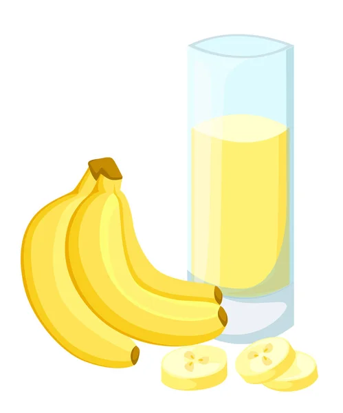 Desain spanduk templat, poster, ikon smoothie pisang. Ilustrasi jus pisang Minumlah aku. Jus pisang tropis segar untuk hidup sehat. Segelas jus dengan gaya corat-coret yang lucu. Vektor - Stok Vektor