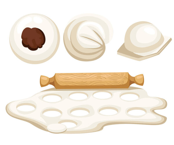 Вареники. Пельмени. Мясные пельмени. Еда. Дилл, петрушка, черный перец, лавровый лист. Готовить. Национальные блюда. Ужин. Продукты из теста и мяса. Векторная винтажная иллюстрация. Дизайн веб-страниц
