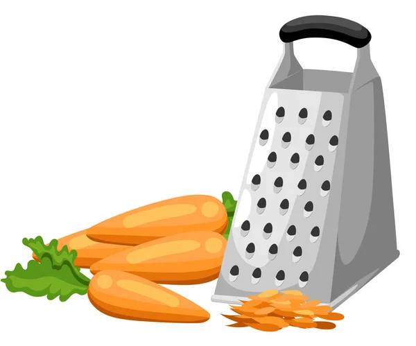 Grate set. Grated carrots and cheese. Cooking process vector illustration. Kitchenware and utensils isolated on white. Web site page and mobile app design vector element — Stock Vector