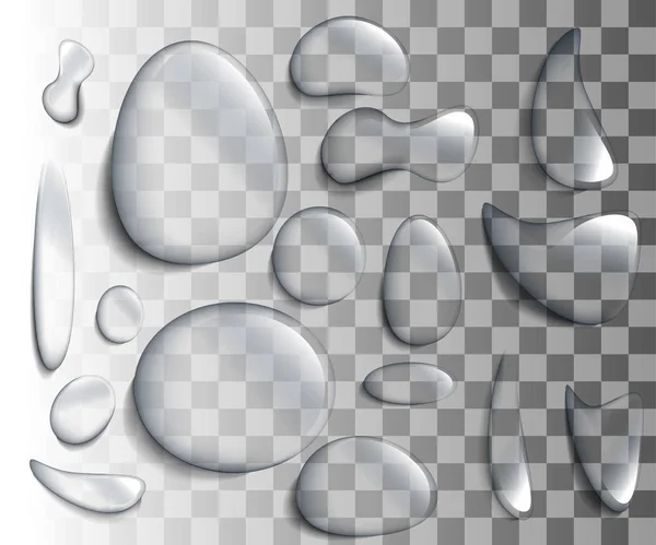 Realistic vector water drops. Set of transparent drops of different shapes in gray colors. Transparency only in vector format Clean drop condensation illustration Web site page and mobile app design — Stock Vector