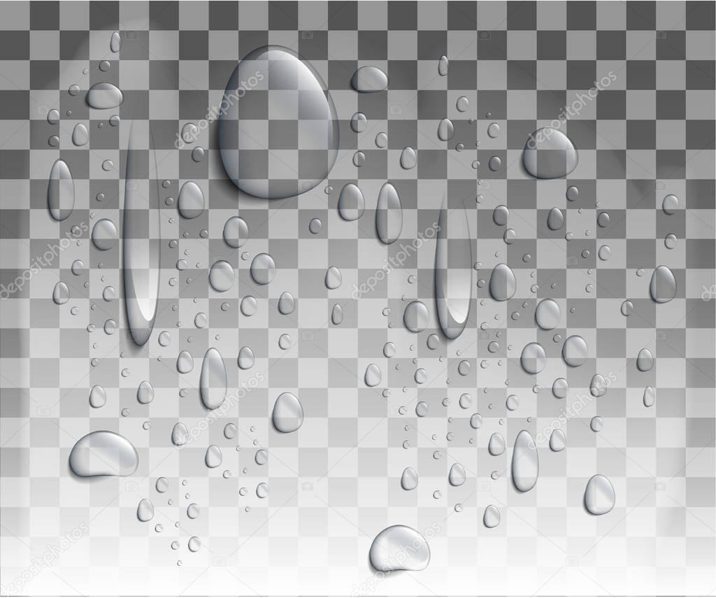 Realistic vector water drops. Set of transparent drops of different shapes in gray colors. Transparency only in vector format Clean drop condensation illustration Web site page and mobile app design