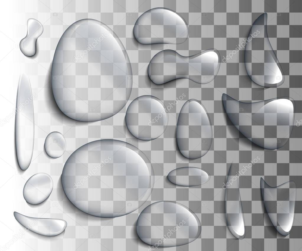 Realistic vector water drops. Set of transparent drops of different shapes in gray colors. Transparency only in vector format Clean drop condensation illustration Web site page and mobile app design