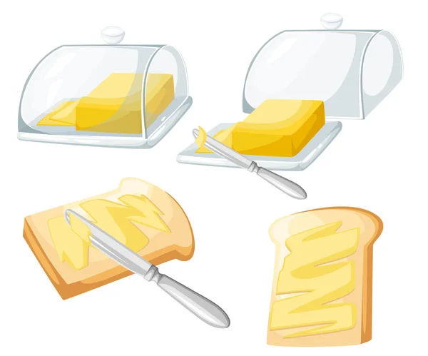 Couteau épandant du beurre ou de la margarine sur une tranche de pain grillé et une barre de beurre, page de site Web du vecteur de design plat et conception d'applications mobiles — Image vectorielle