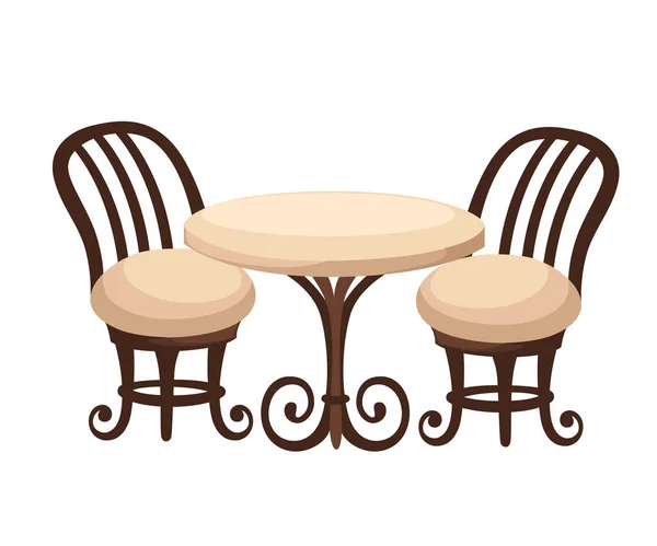 Круглый обеденный стол на двоих с белой тканью и красными деревянными стульями. Иллюстрация в плоском стиле. Дизайн веб-страниц и мобильных приложений . — стоковый вектор