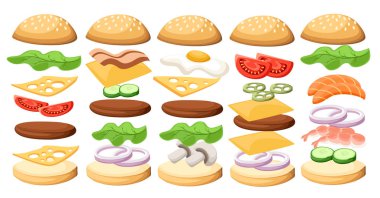 Lezzetli sandviç illüstrasyonlar ss Burger ayarla ayarla. Malzemeler: buns, peynir, pastırma, domates, soğan, marul, salatalık, turşu soğan, şikayet, jambon. Beyaz arka plan üzerinde izole vektör simgeler