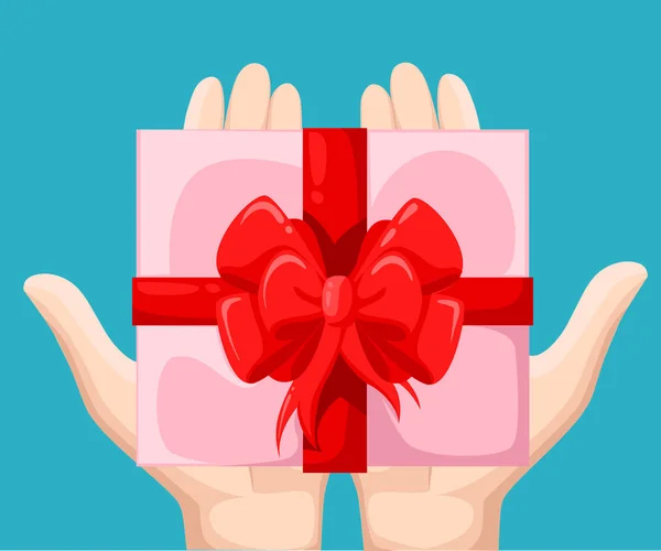 Hand gibt Geschenkbox zu einer anderen Hand. Schenken und Empfangen von Geschenken. flacher Stil — Stockvektor