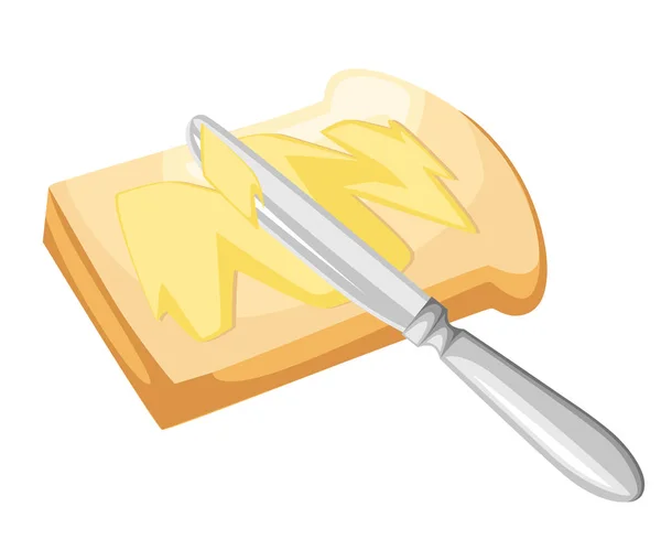 Couteau épandant du beurre ou de la margarine sur une tranche de pain grillé et une barre de beurre, page de site Web du vecteur de design plat et conception d'applications mobiles — Image vectorielle