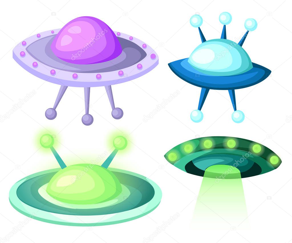 Flying Saucer, Spaceship And UFO Set Illustration of a set of cartoon funny UFO, unidentified spaceship and spacecrafts from alien invaders, with various futuristic shapes Web site page and mobile app
