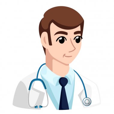 Neşeli erkek doktor. Vektör çizim tıbbi simgeleri arka plan ile gülümseyen bir doktor. Web sitesi sayfası ve mobil uygulaması tasarım vektör çizim