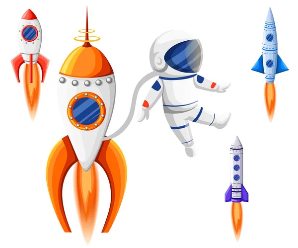 Space Rakete Start-up und Start-Symbol neue Unternehmen Innovation Entwicklung flache Design-Symbole setzen Vorlage Vektor Illustration. — Stockvektor